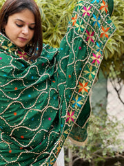 Green Handmade Phulkari Dupatta in Pure Chinon with Gota Handwork - Masakalee