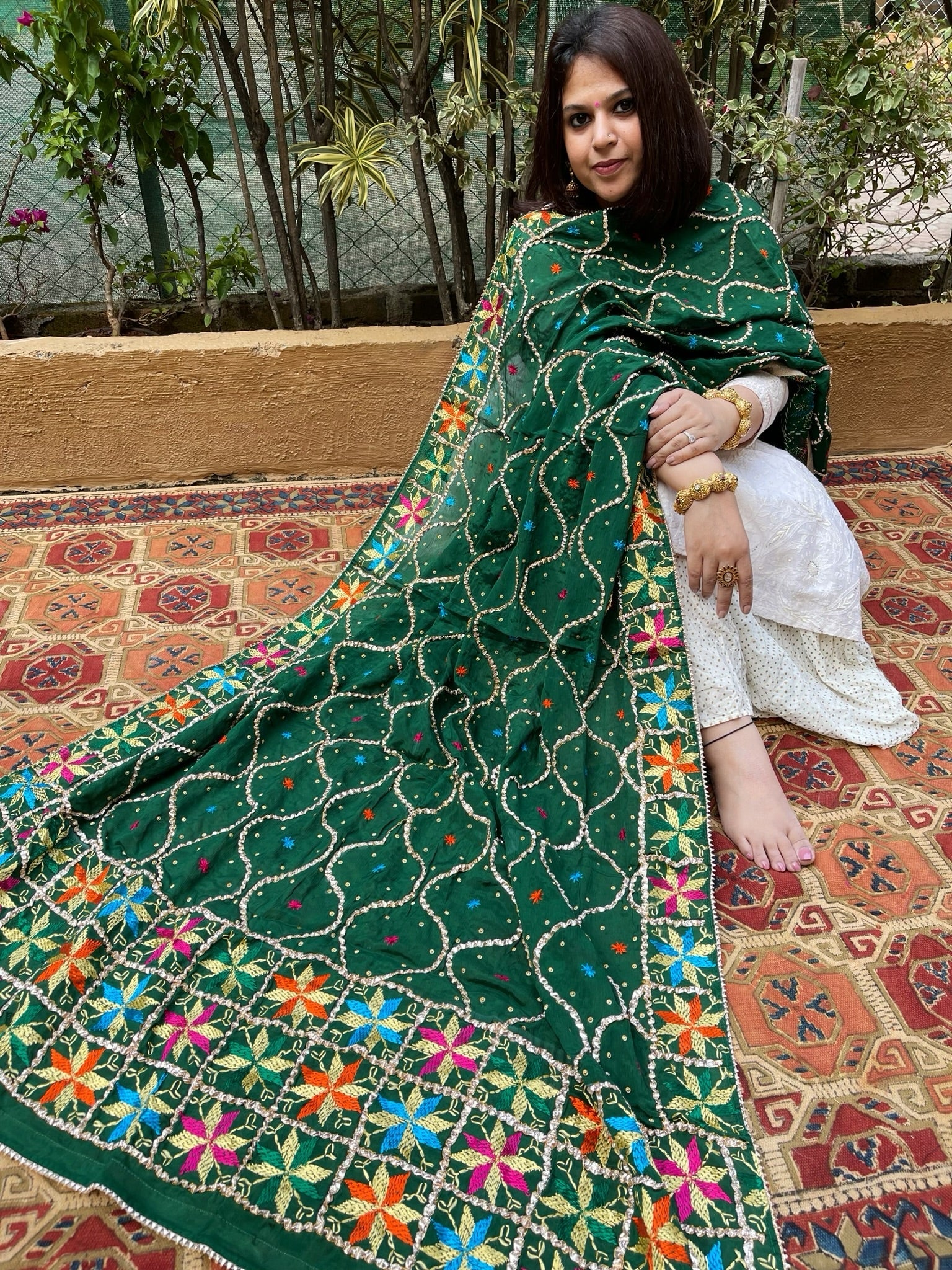Green Handmade Phulkari Dupatta in Pure Chinon with Gota Handwork - Masakalee