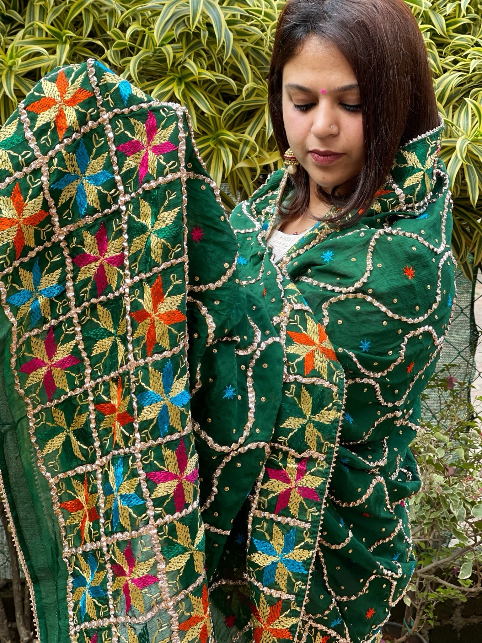 Green Handmade Phulkari Dupatta in Pure Chinon with Gota Handwork - Masakalee