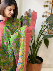 Green Handpainted Kalamkari Dupatta with Thread & Mirror Handwork in Chanderi Silk - Masakalee