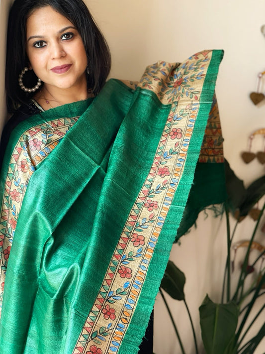 Green Handpainted Madhubani Dupatta in Pure Tussar Silk - Masakalee