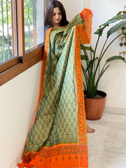 Green Handwoven Ikat Dupatta with Handpainted Madhubani in Cotton - Masakalee