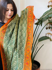 Green Handwoven Ikat Dupatta with Handpainted Madhubani in Cotton - Masakalee