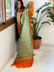 Green Handwoven Ikat Dupatta with Handpainted Madhubani in Cotton - Masakalee
