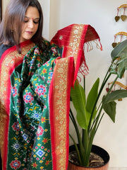 Green Handwoven Ikat Patola with Gotapatti & Pearl Handwork dupatta in Pure Silk - Masakalee