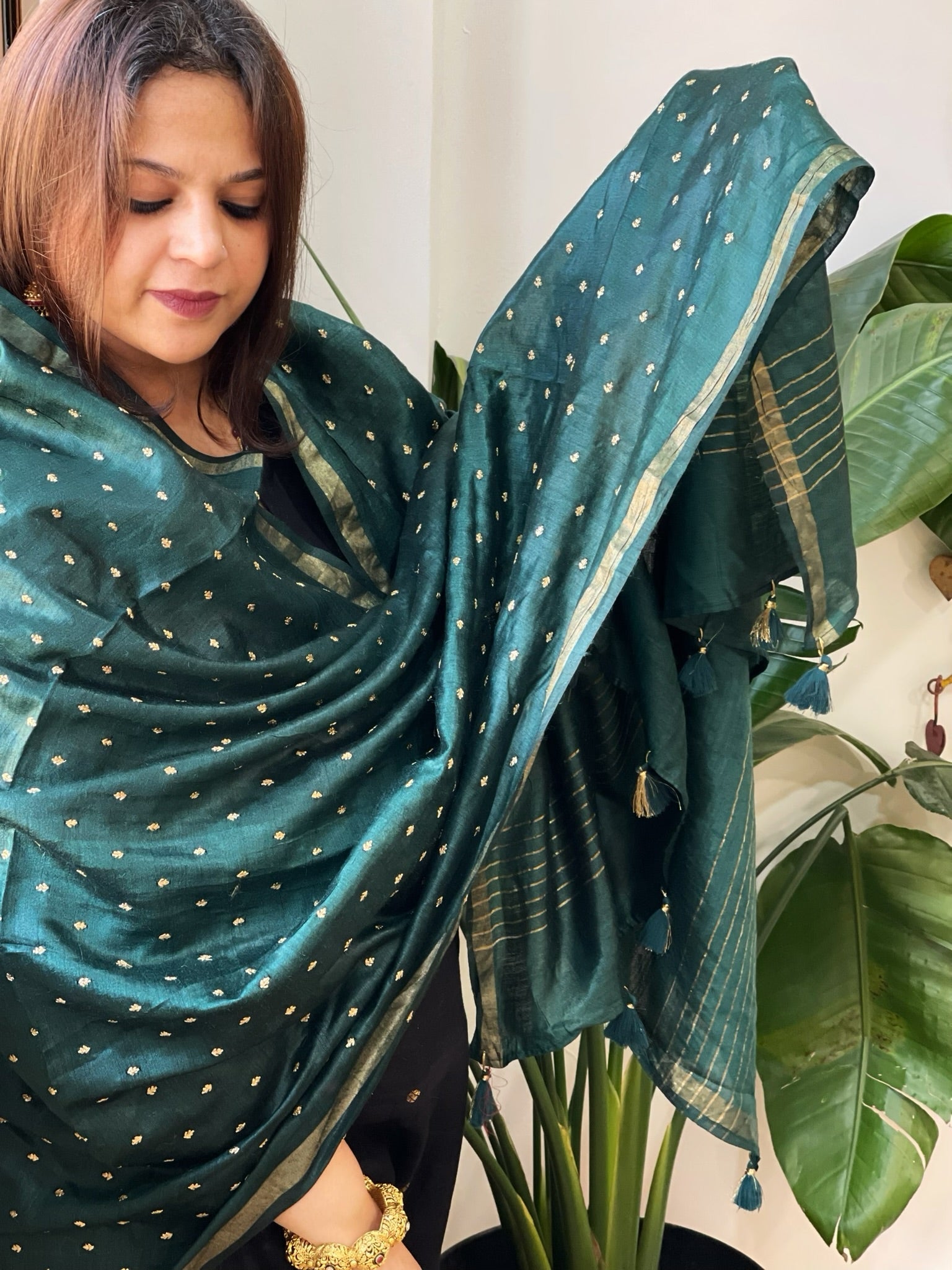 Green Handwoven Muga Silk dupattas with Hand Embroidery - Masakalee