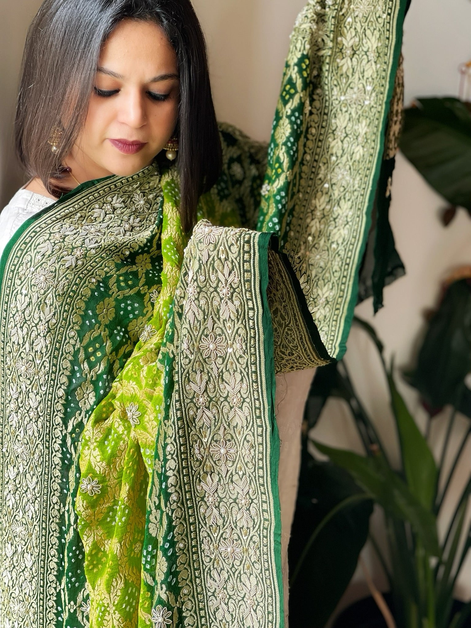 Green Handwoven NeemZari Bareek Bandhani with Dabka Handwork in Pure Georgette - Masakalee