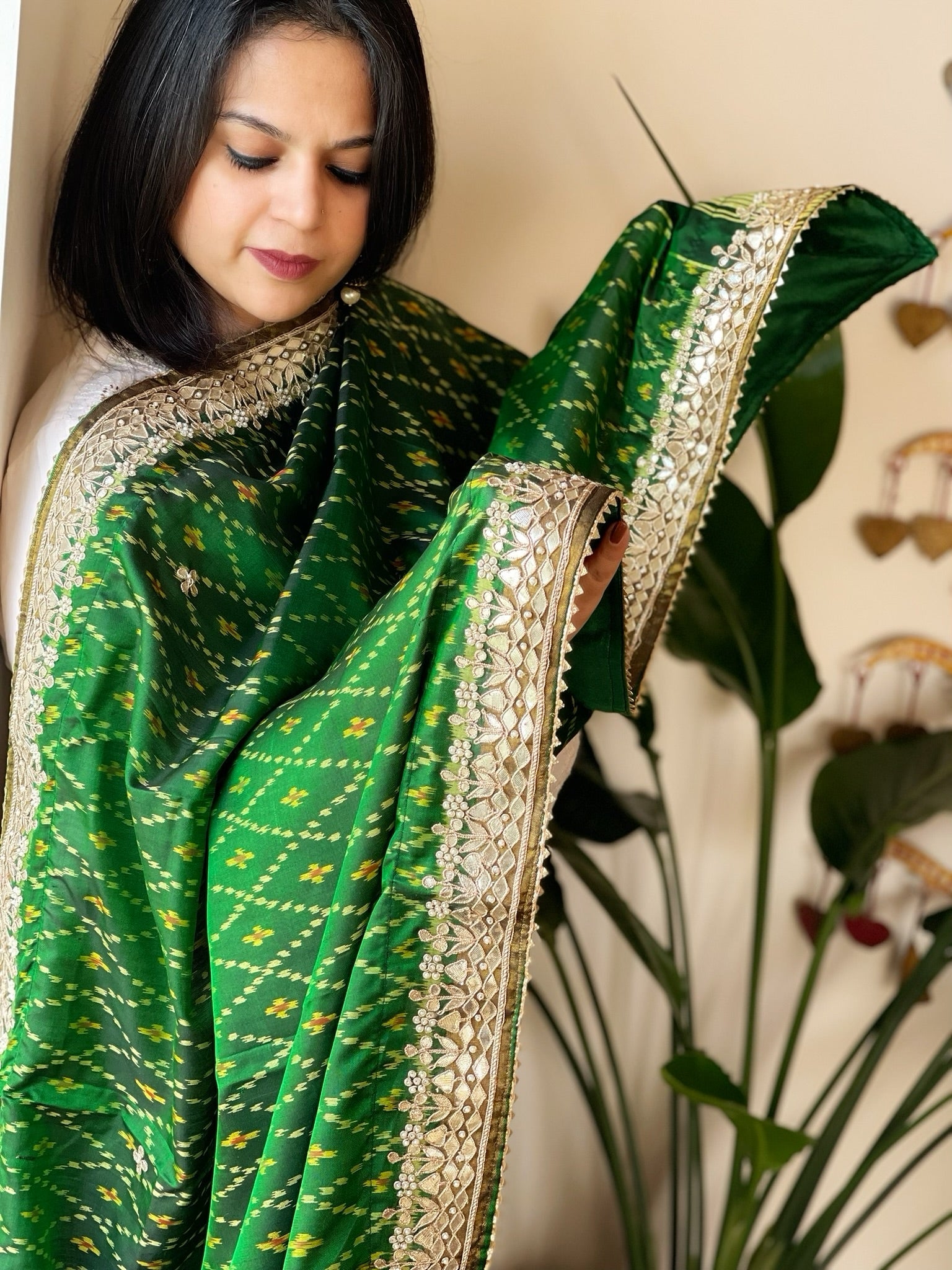 Green Handwoven Rajkot Patola with Gotapatti Handwork in Pure Silk - Masakalee