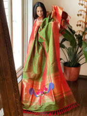 Green Handwoven Triple Zari Border Paithani Dupatta in Pure Silk - Masakalee