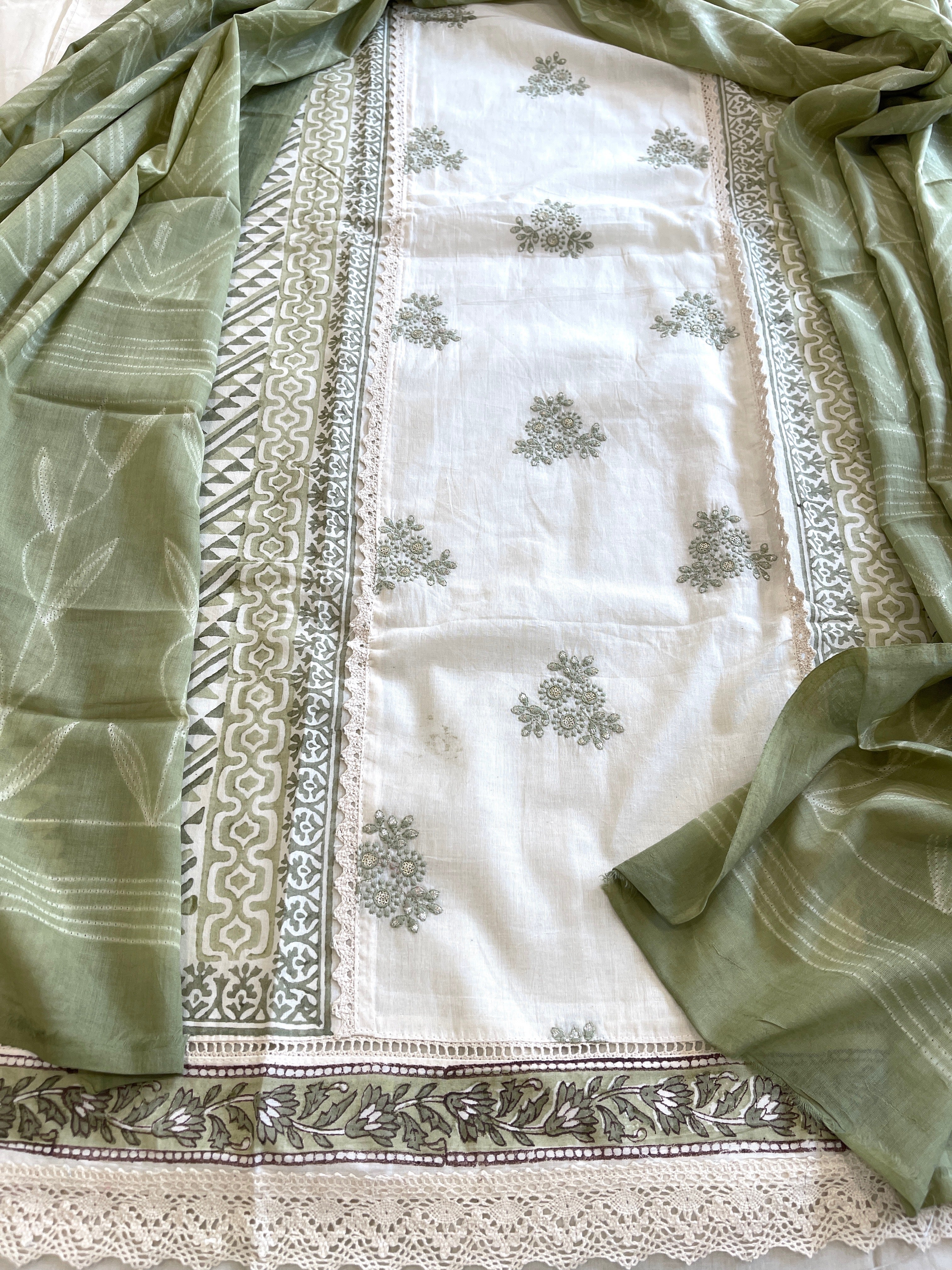 Green, Ivory Handblock Printed Embroidered Suit Set with Lace Detailing in Pure Cotton - Masakalee