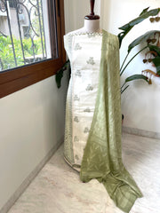 Green, Ivory Handblock Printed Embroidered Suit Set with Lace Detailing in Pure Cotton - Masakalee