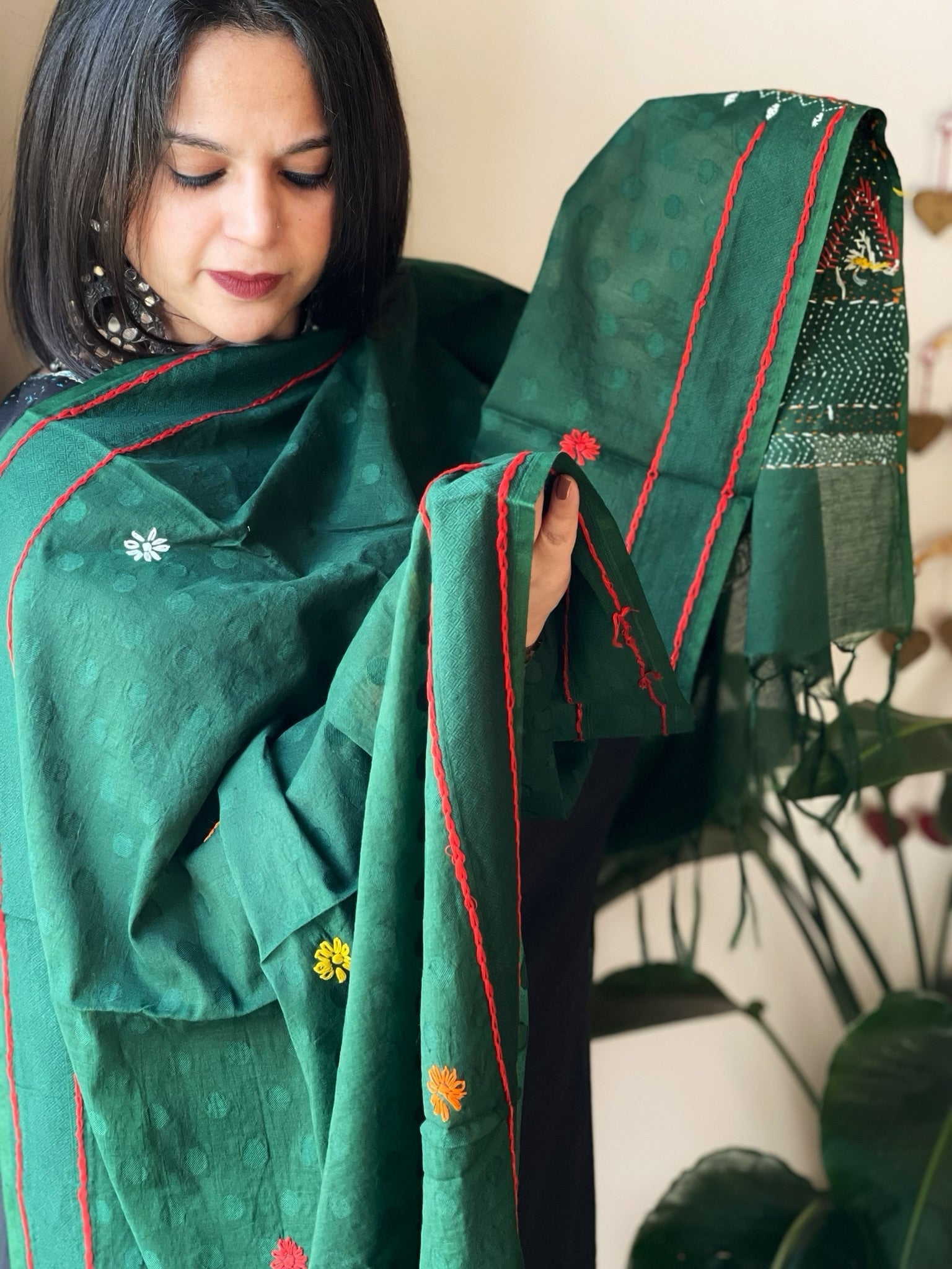 Green Lambani Handwork Dupatta with Self in Pure Handwoven Cotton - Masakalee