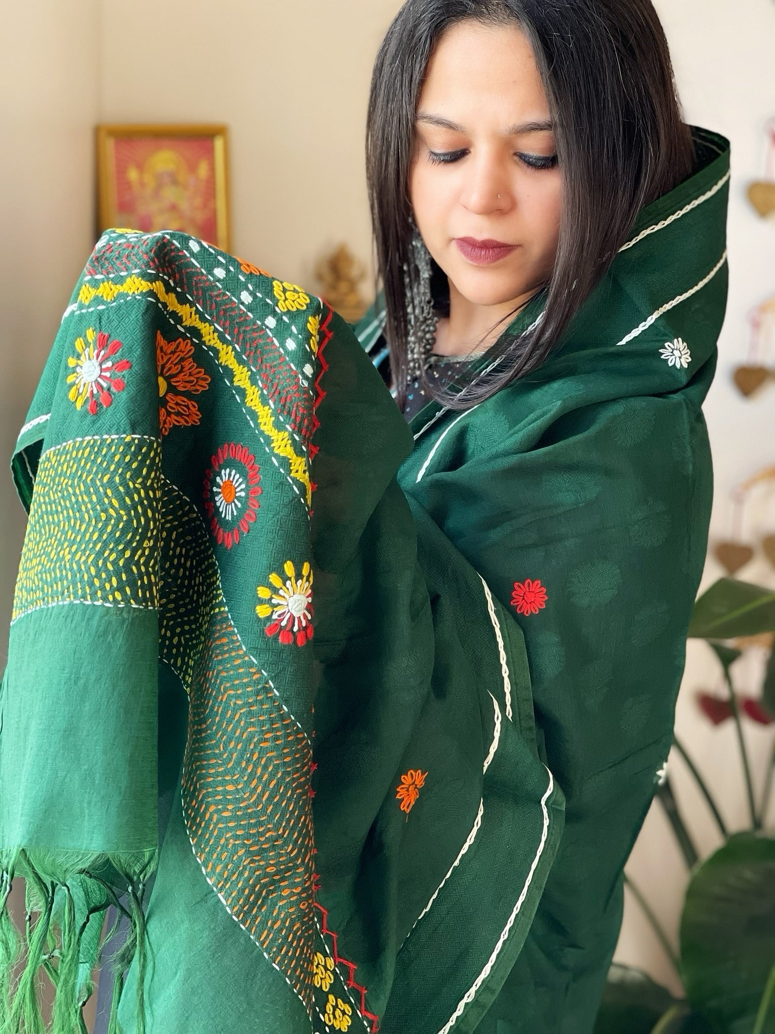 Green Lambani Handwork Dupatta with Self in Pure Handwoven Cotton - Masakalee