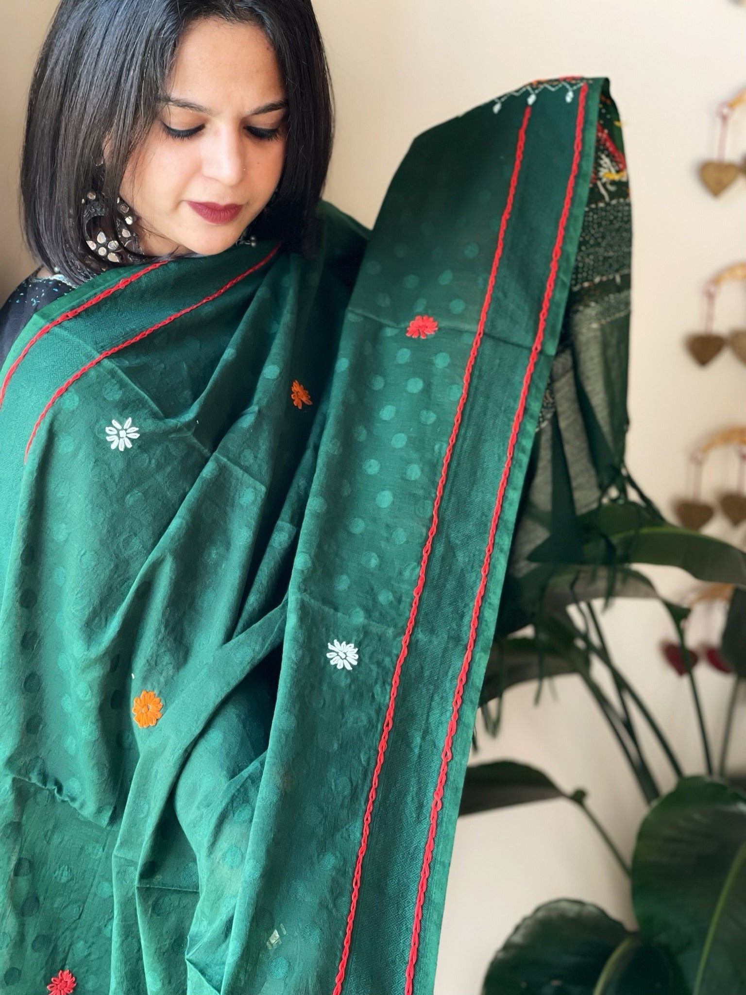 Green Lambani Handwork Dupatta with Self in Pure Handwoven Cotton - Masakalee