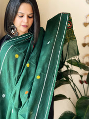 Green Lambani Handwork Dupatta with Self in Pure Handwoven Cotton - Masakalee