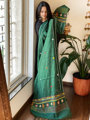 Green Lambani Handwork Dupatta with Self in Pure Handwoven Cotton - Masakalee