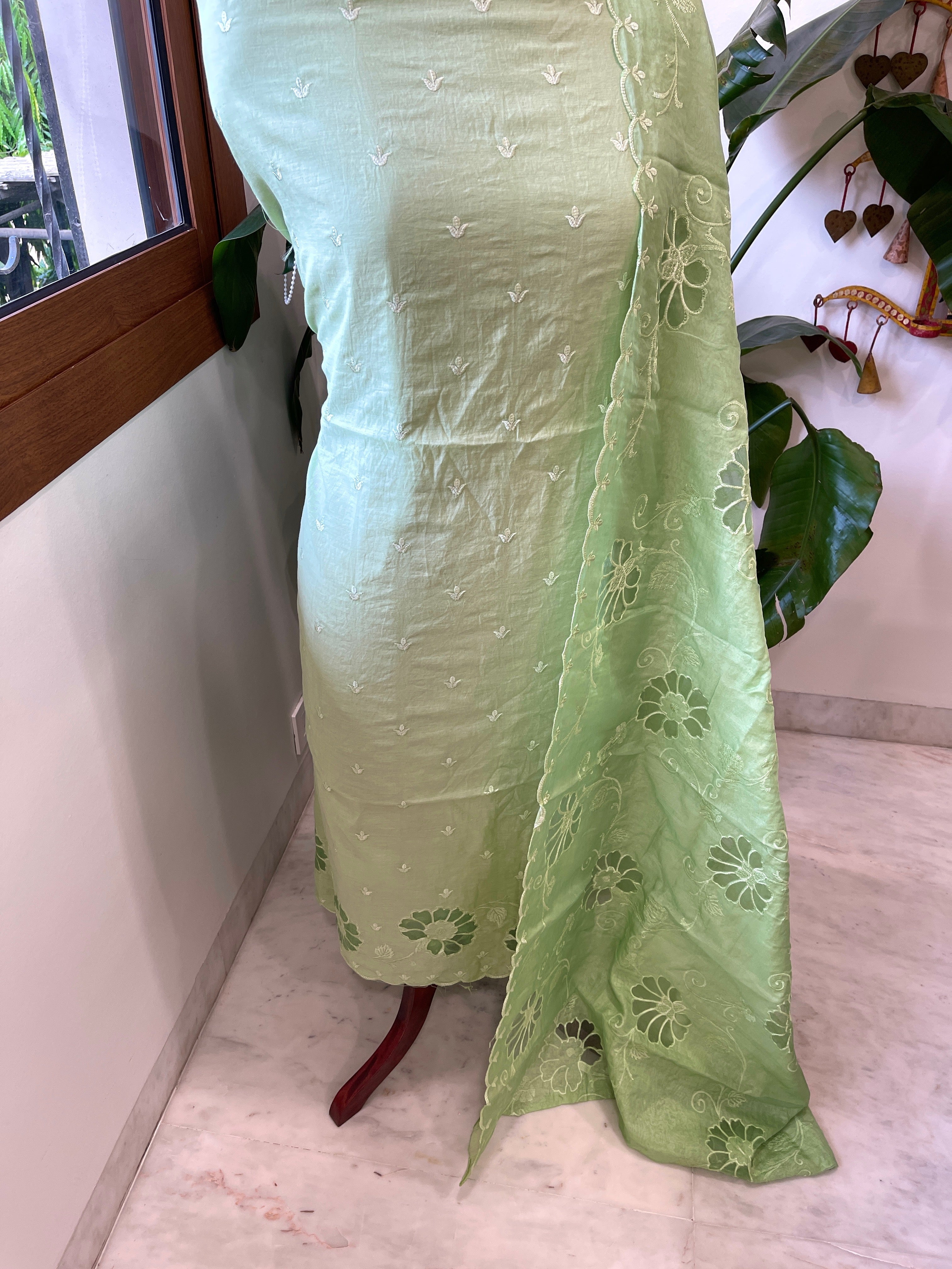 Green Mul Chanderi Suit Set with Cut Work - Masakalee