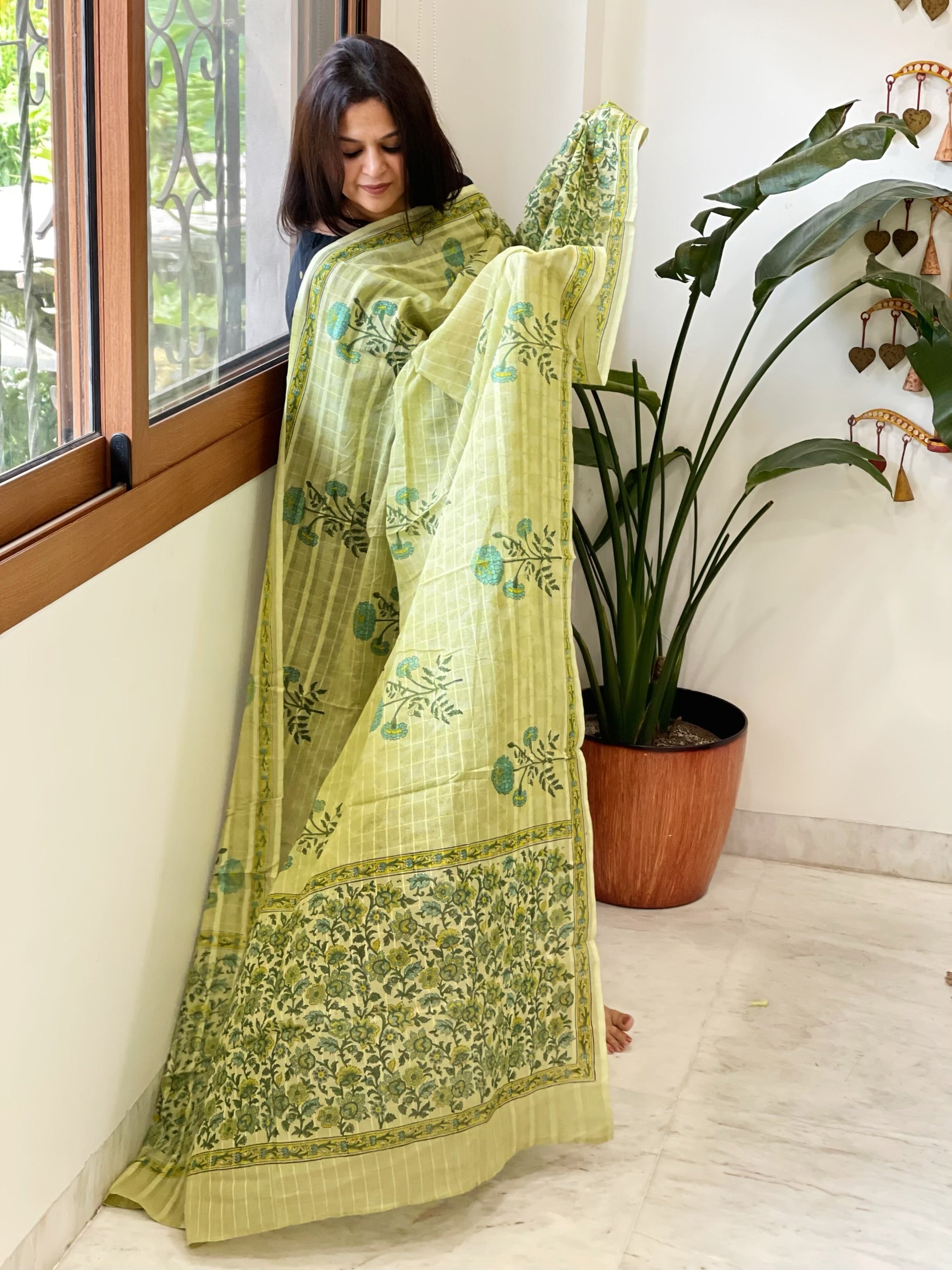 Green Mul Cotton Handblock Printed Dupatta - Masakalee
