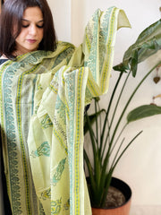 Green Mul Cotton Handblock Printed Dupatta - Masakalee