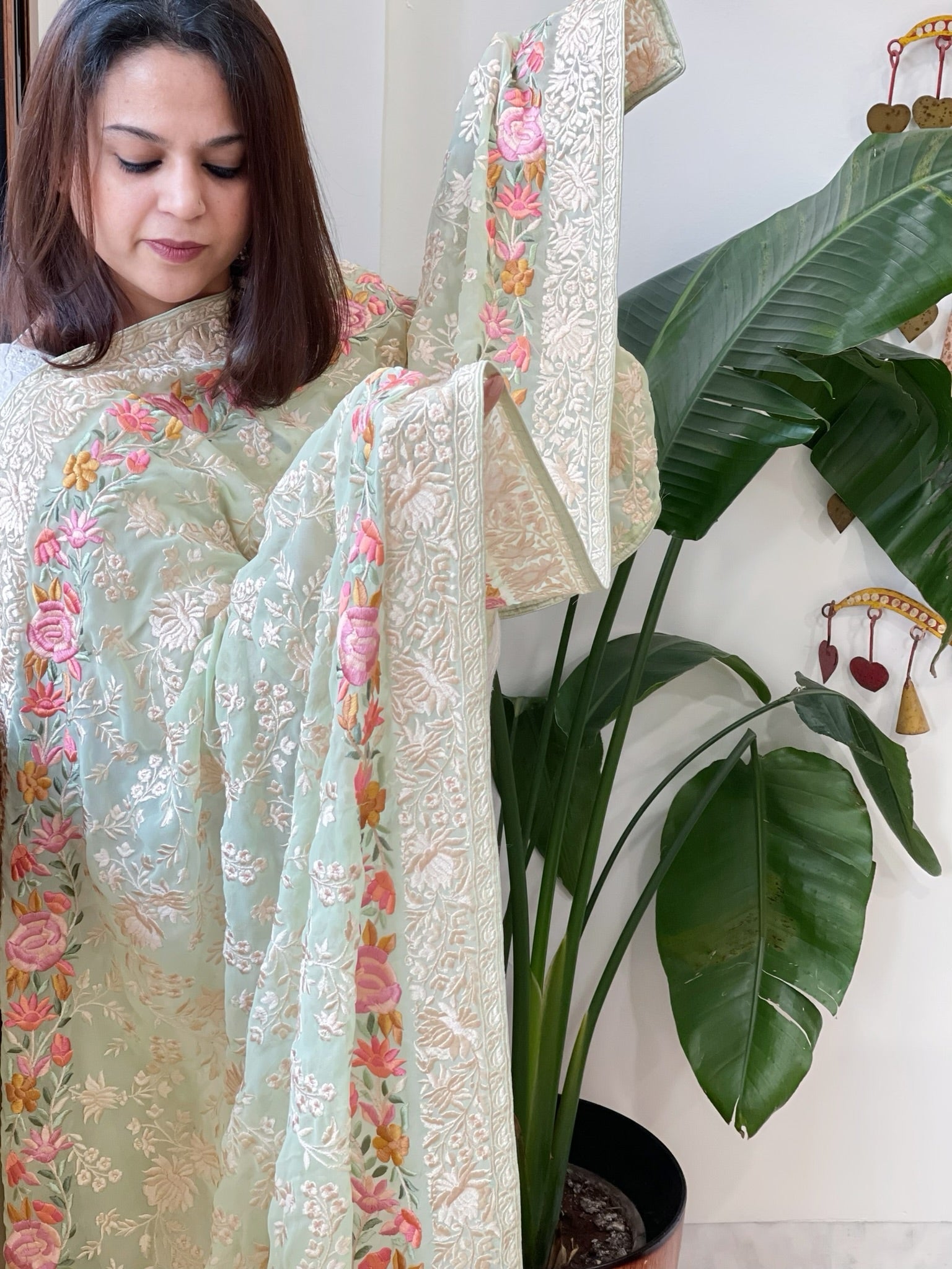 Green Parsi Gara Embroidery Dupatta in Georgette - Masakalee