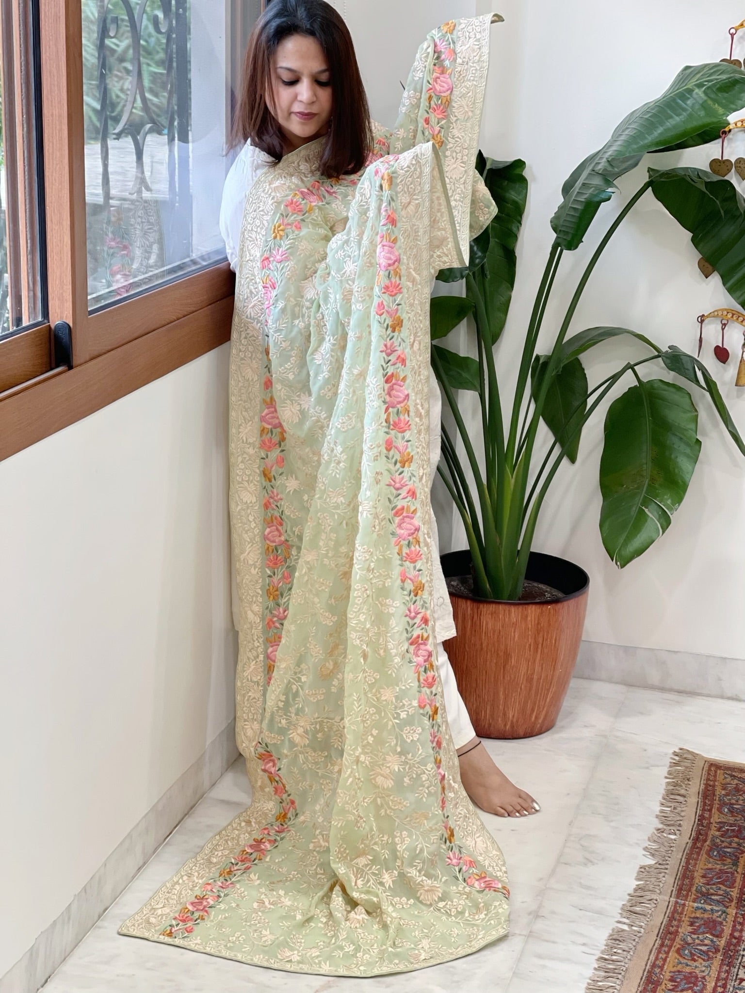 Green Parsi Gara Embroidery Dupatta in Georgette - Masakalee