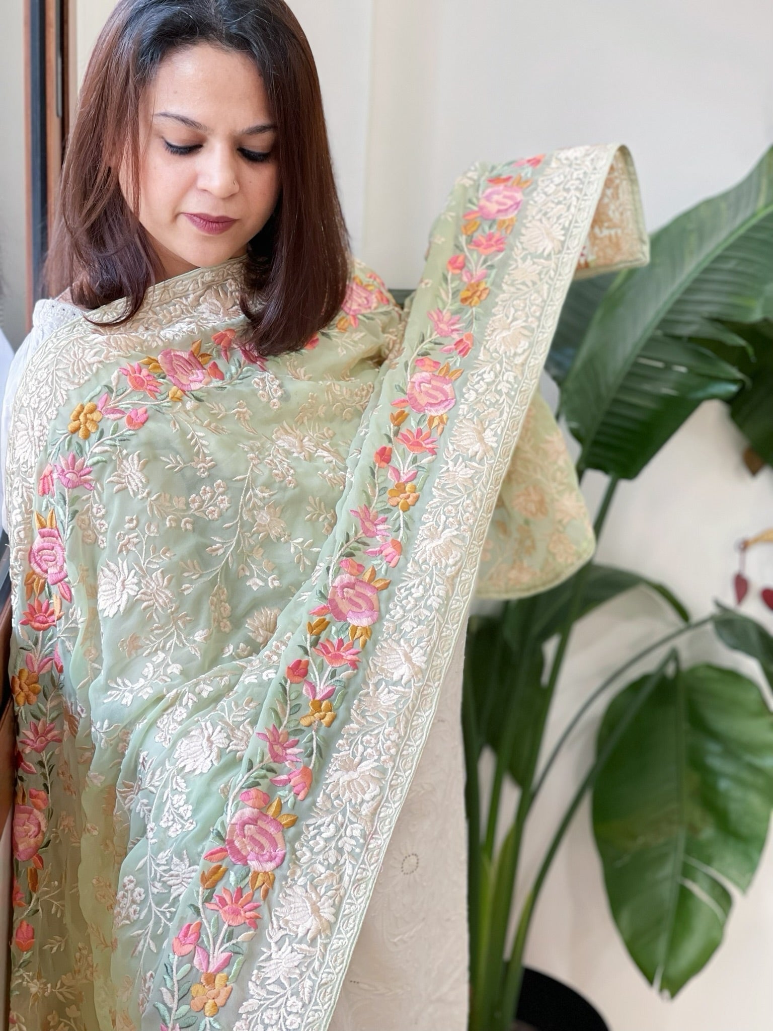 Green Parsi Gara Embroidery Dupatta in Georgette - Masakalee