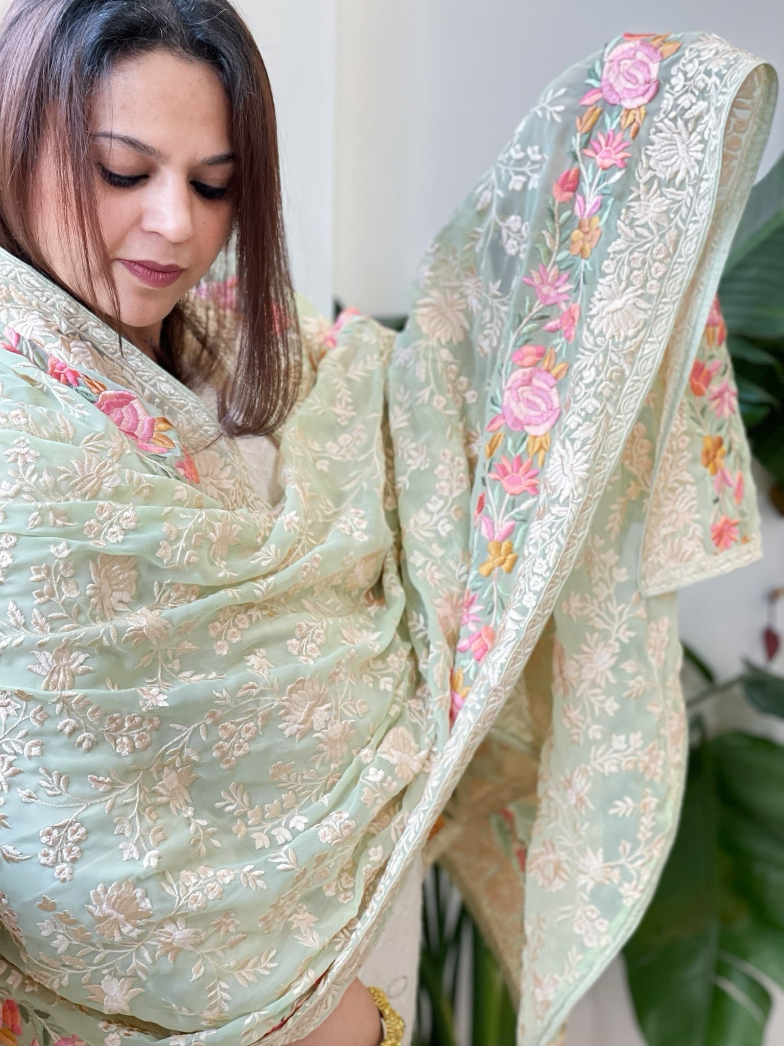 Green Parsi Gara Embroidery Dupatta in Georgette - Masakalee