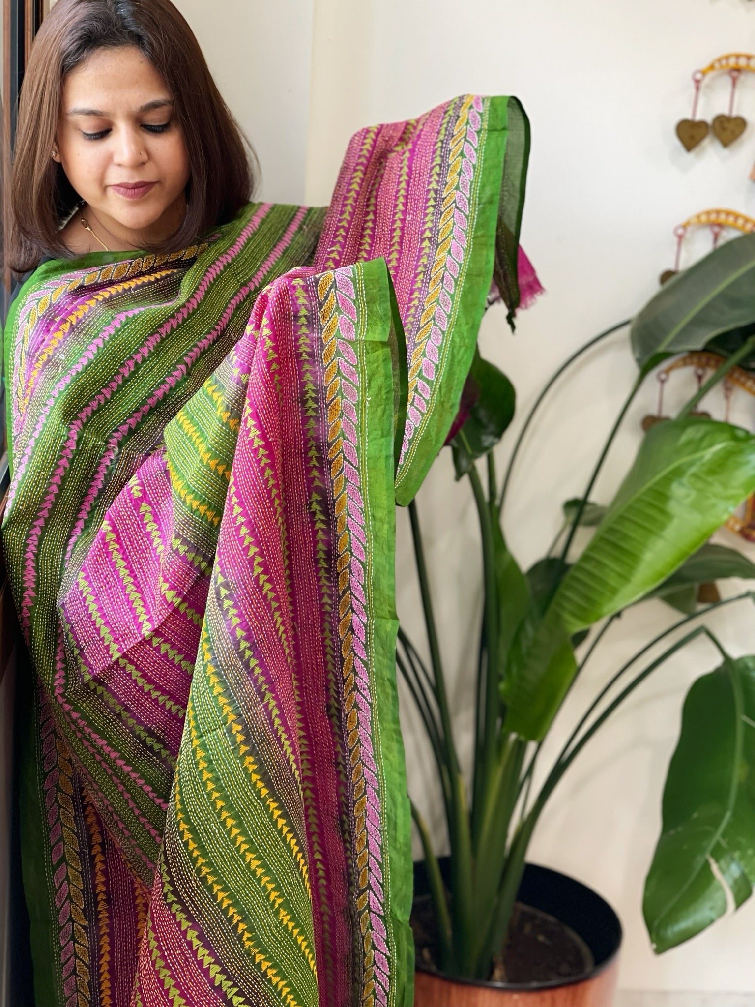 Green, Pink Handmade Kantha Dupatta in Silk - Masakalee