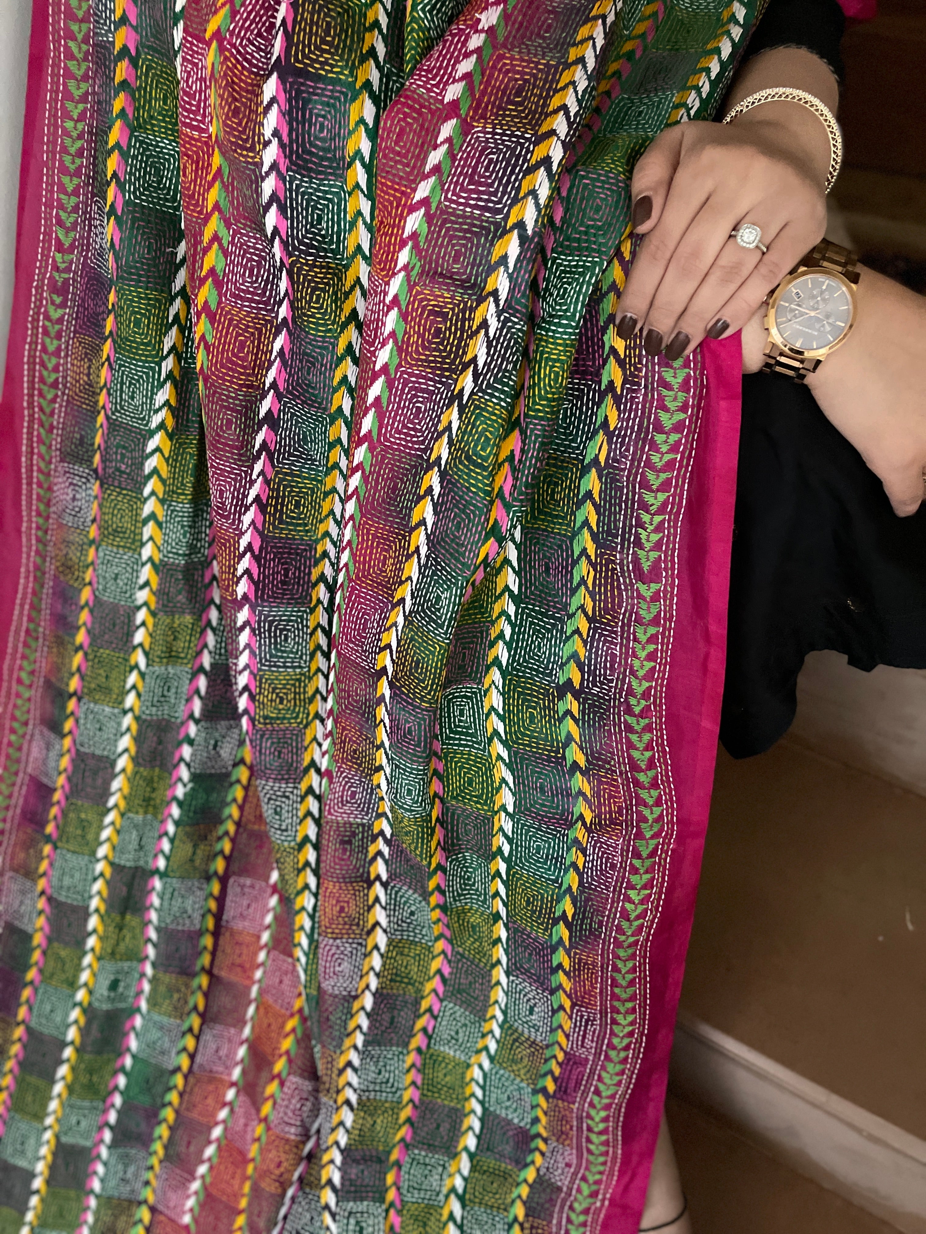 Green, Pink Handmade Kantha Dupatta in Silk - Masakalee