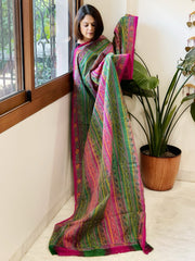 Green, Pink Handmade Kantha Dupatta in Silk - Masakalee