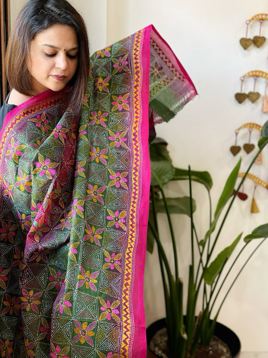 Green, Pink Handmade Kantha Dupatta in Silk - Masakalee
