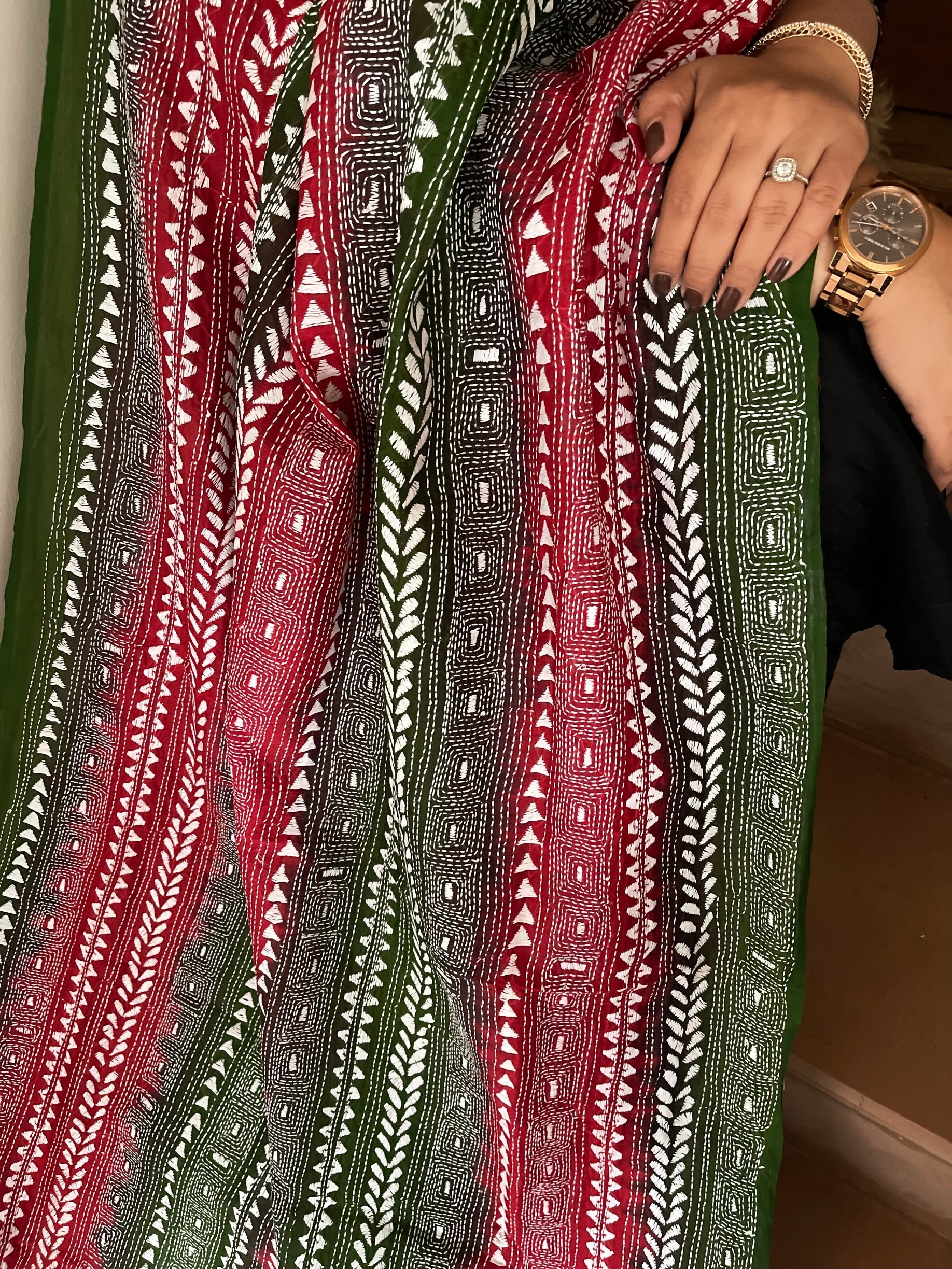 Green, Pink Handmade Kantha Dupatta in Silk - Masakalee