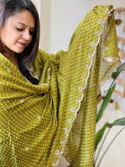 Green Printed Bandhej Chinon Dupatta with Sequin Butas and Border - Masakalee