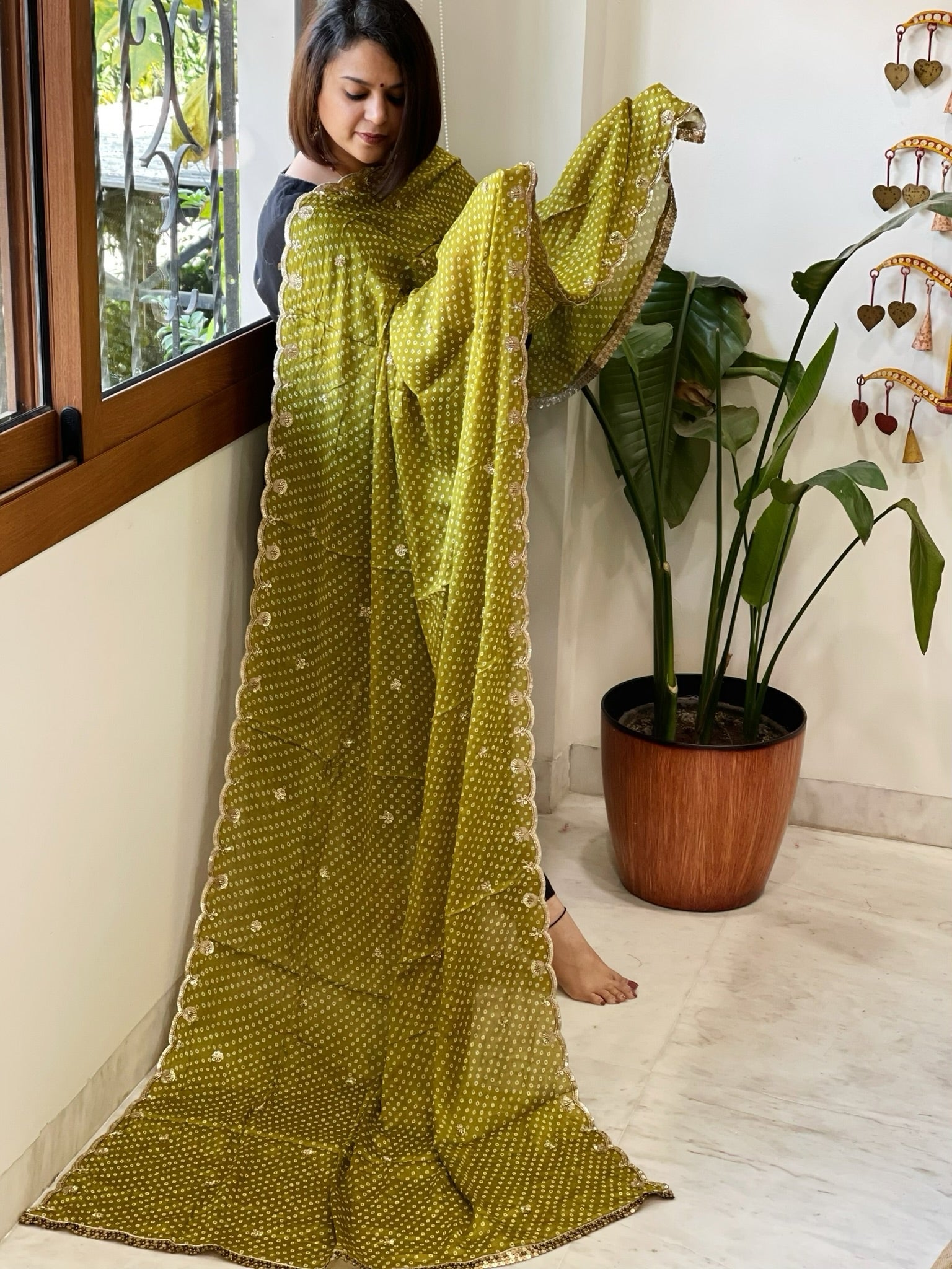 Green Printed Bandhej Chinon Dupatta with Sequin Butas and Border - Masakalee