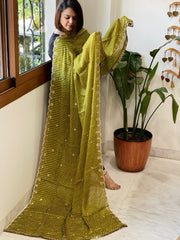 Green Printed Bandhej Chinon Dupatta with Sequin Butas and Border - Masakalee