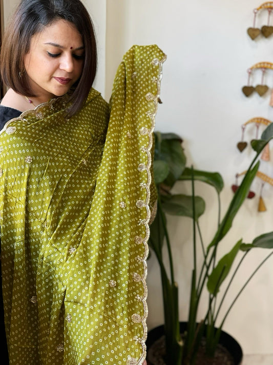 Green Printed Bandhej Chinon Dupatta with Sequin Butas and Border - Masakalee