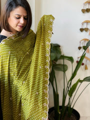 Green Printed Bandhej Chinon Dupatta with Sequin Butas and Border - Masakalee