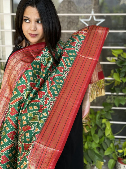Green Printed Patola Dupatta in Fine Art Silk - Masakalee