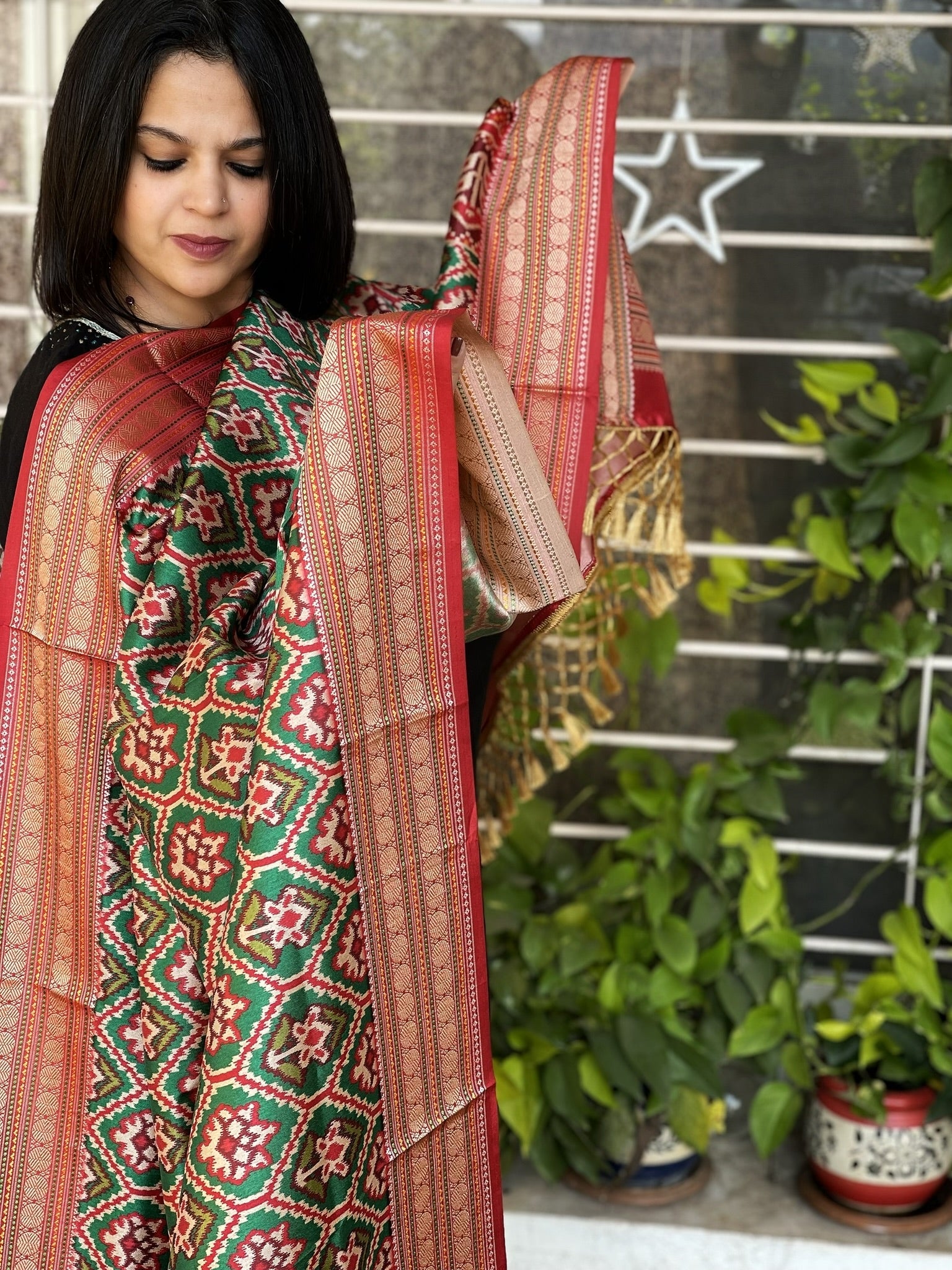 Green Printed Patola Dupatta in Fine Art Silk - Masakalee