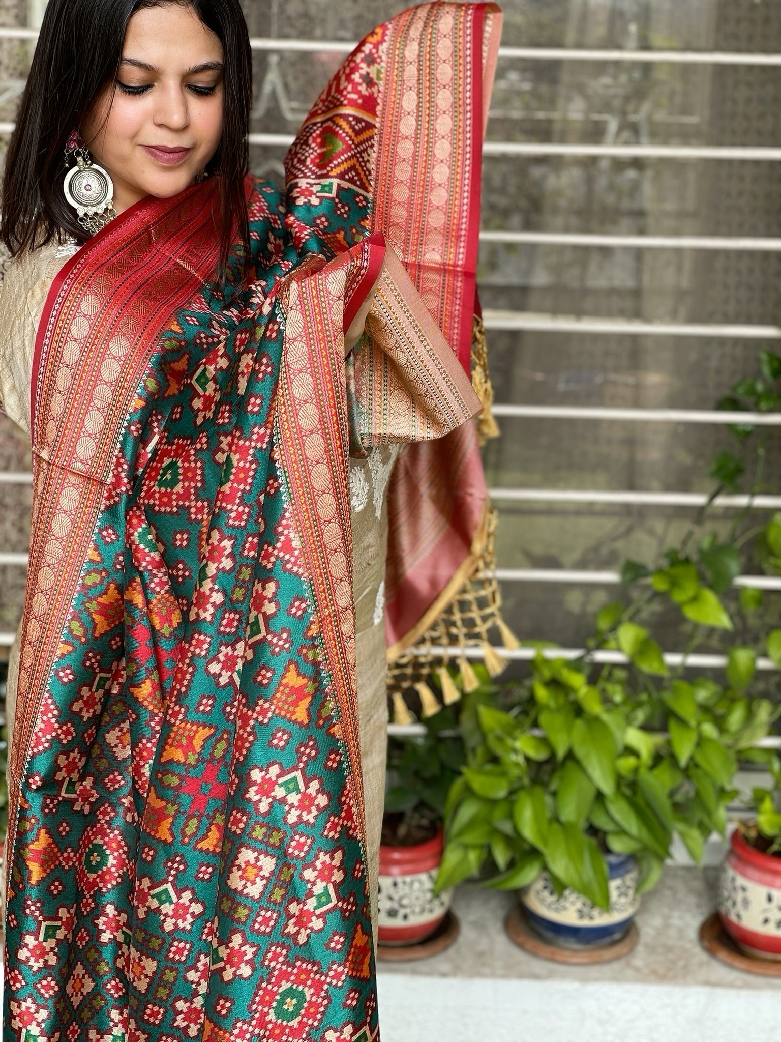 Green Printed Patola Dupatta in Fine Art Silk - Masakalee