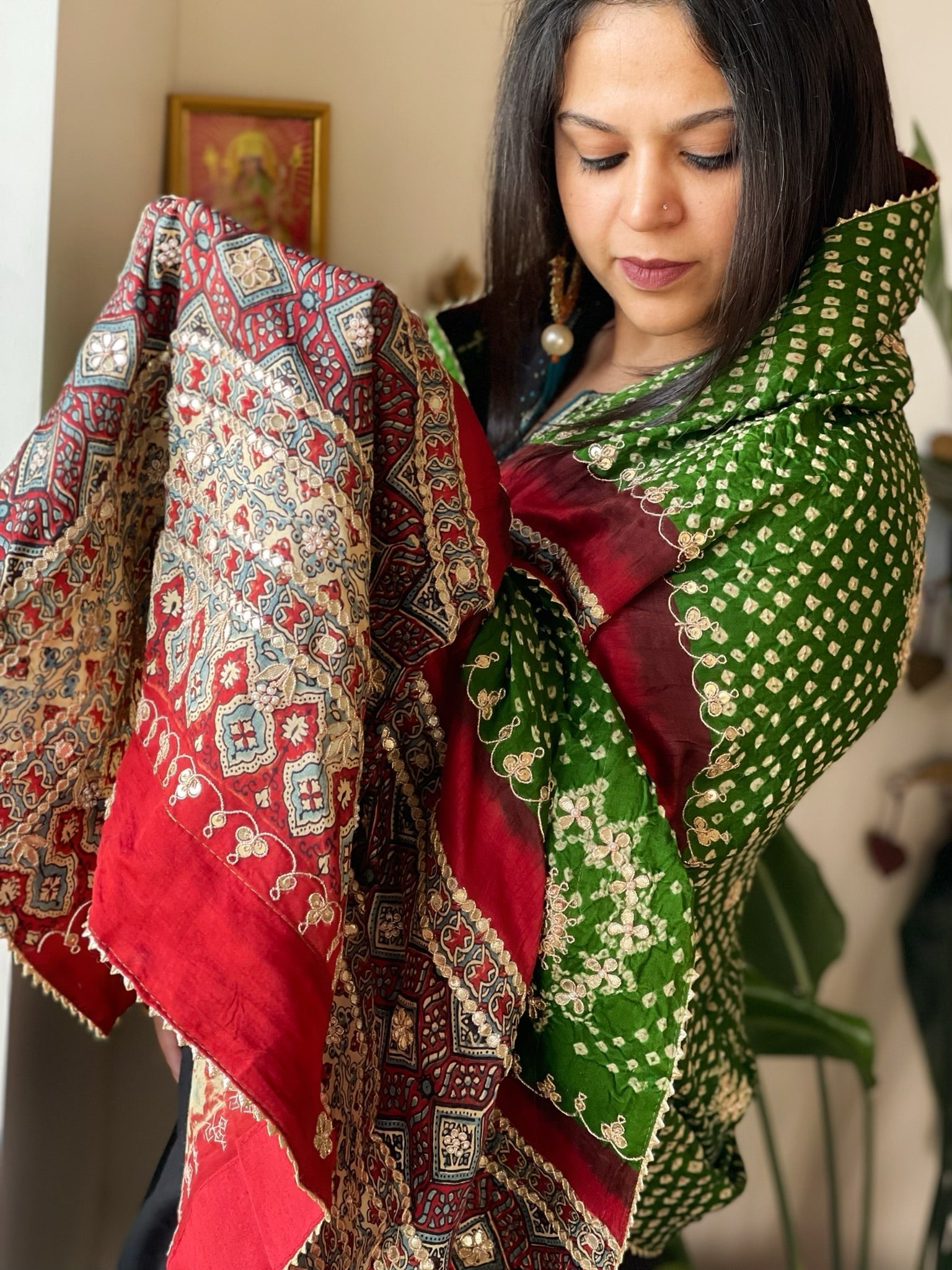 Green Rai Bandhani, Ajrakh Dupatta with Gotapatti Handwork in Gajji Silk - Masakalee