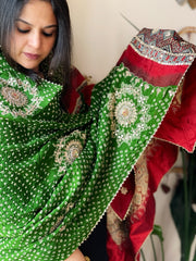 Green Rai Bandhani, Ajrakh Dupatta with Gotapatti Handwork in Gajji Silk - Masakalee