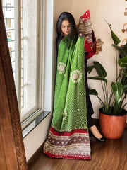 Green Rai Bandhani, Ajrakh Dupatta with Gotapatti Handwork in Gajji Silk - Masakalee