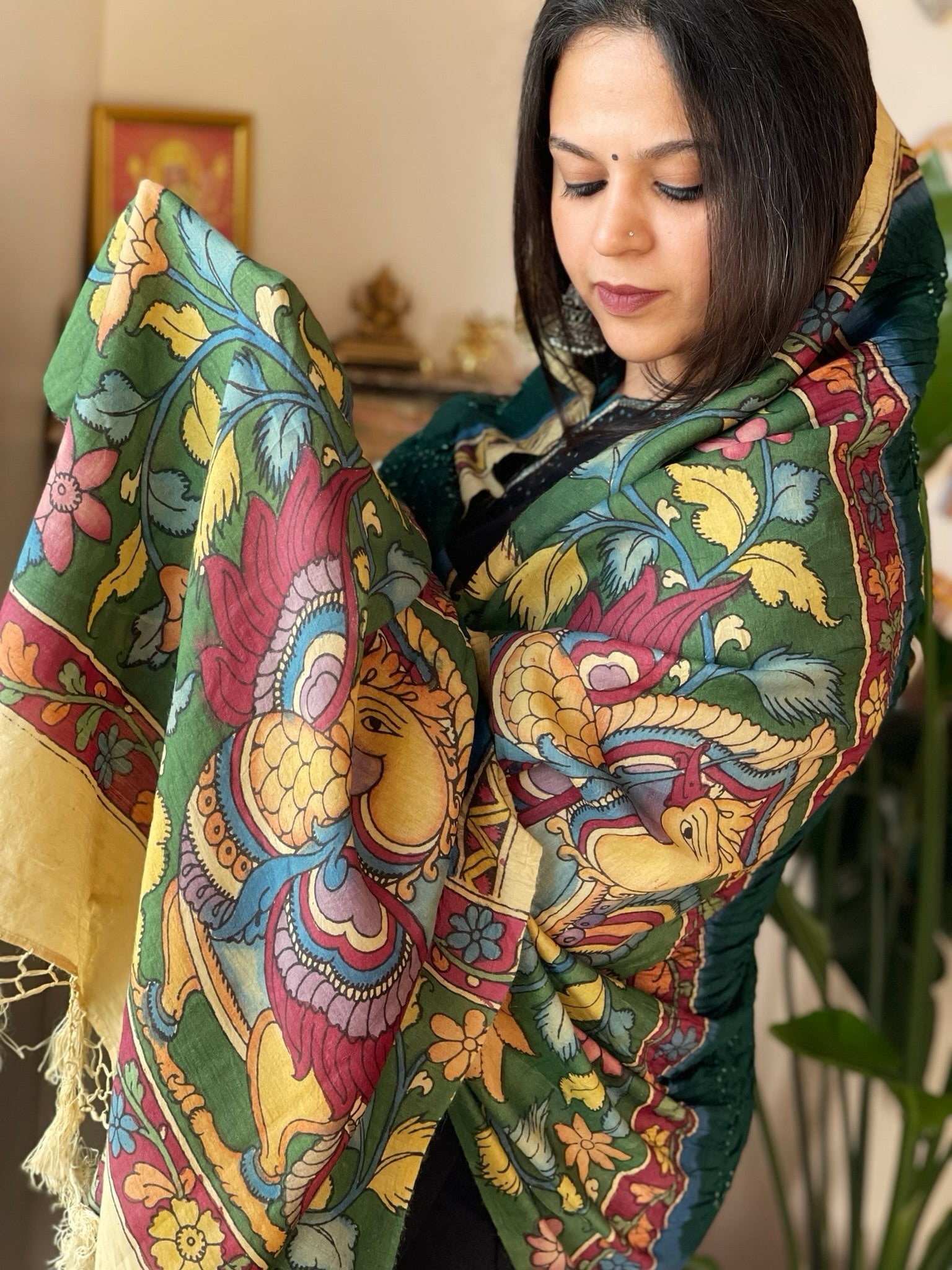 Green Rai Bandhej Dupatta with Handpainted Kalamkari Pallu in Pure Muga Silk - Masakalee