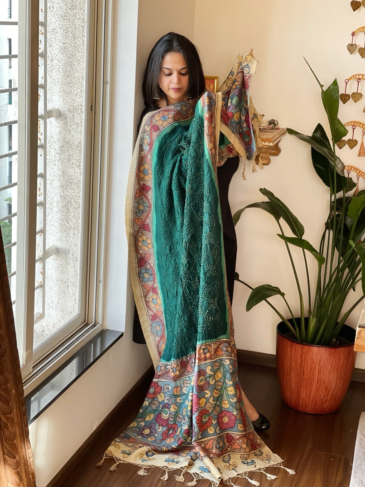Green Rai Bandhej Dupatta with Handpainted Kalamkari Pallu in Pure Muga Silk - Masakalee