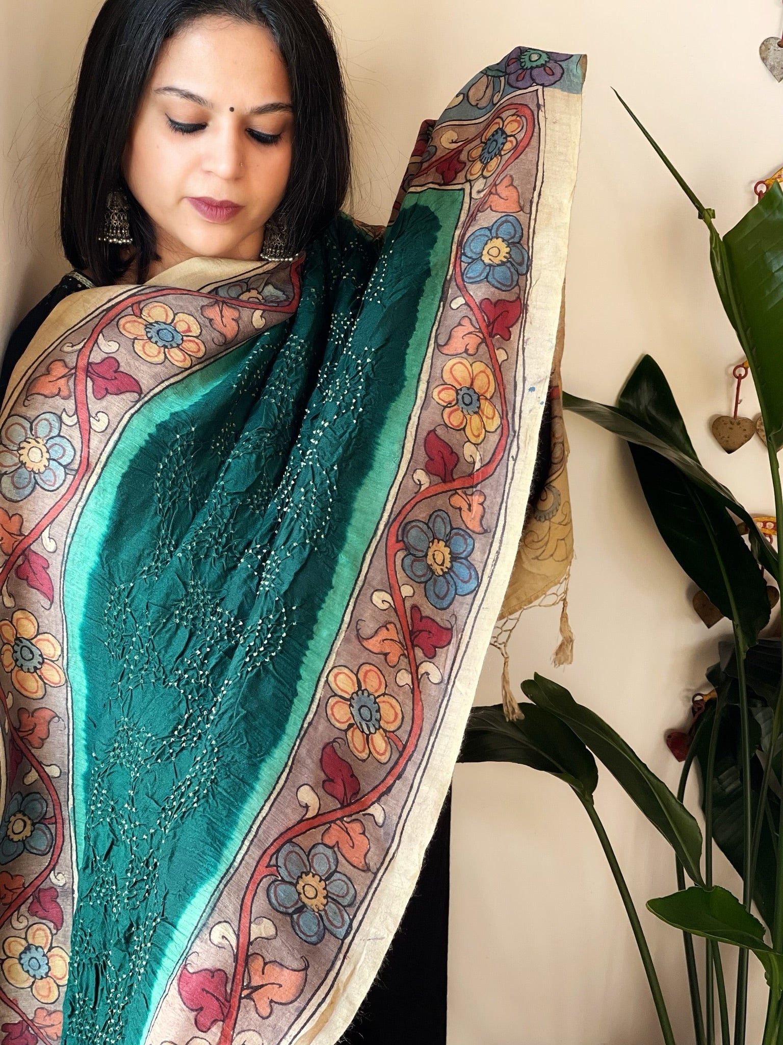 Green Rai Bandhej Dupatta with Handpainted Kalamkari Pallu in Pure Muga Silk - Masakalee