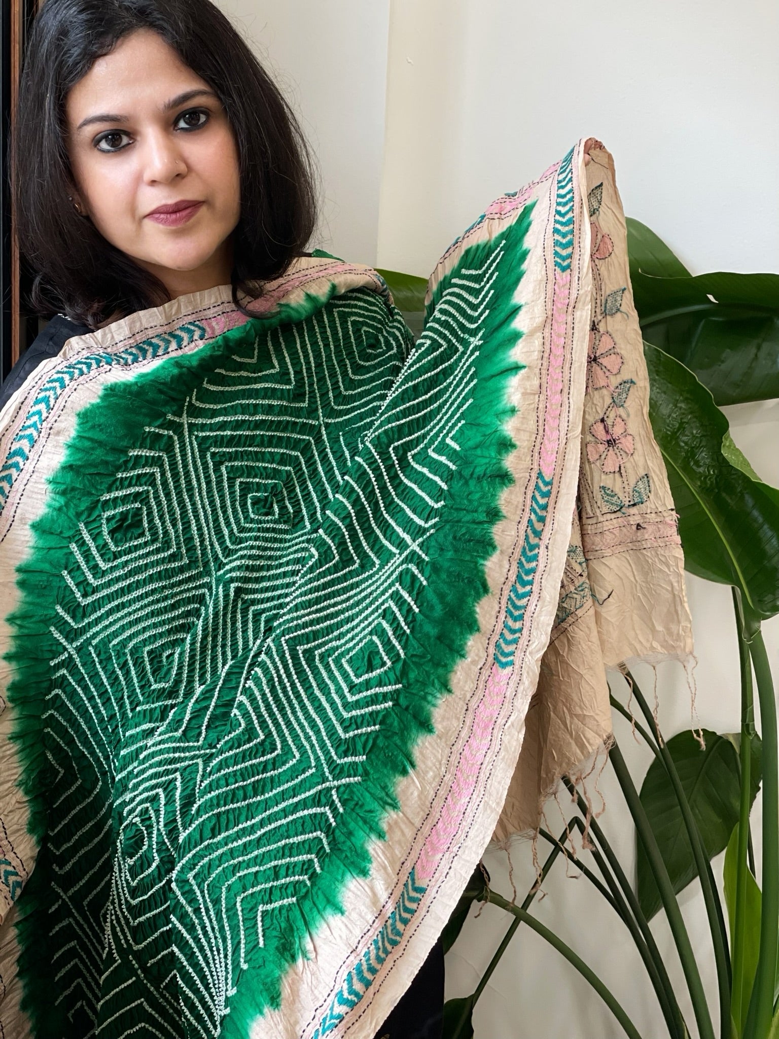 Green Rai Bandhej Dupatta with Kantha Handwork in Pure Munga Tussar Silk - Masakalee