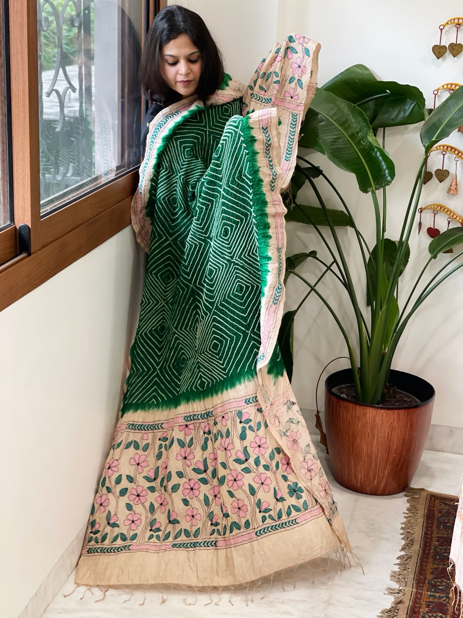Green Rai Bandhej Dupatta with Kantha Handwork in Pure Munga Tussar Silk - Masakalee