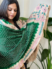 Green Rai Bandhej Dupatta with Kantha Handwork in Pure Munga Tussar Silk - Masakalee