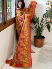 Green, Red Handmade Kantha Dupatta in Silk - Masakalee